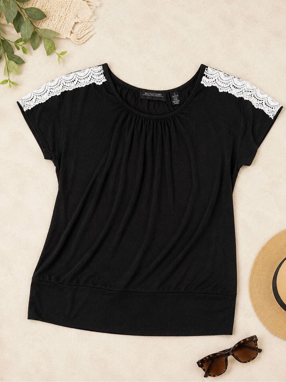 Notations Black Top with White Lace Shoulder Detail Size Large